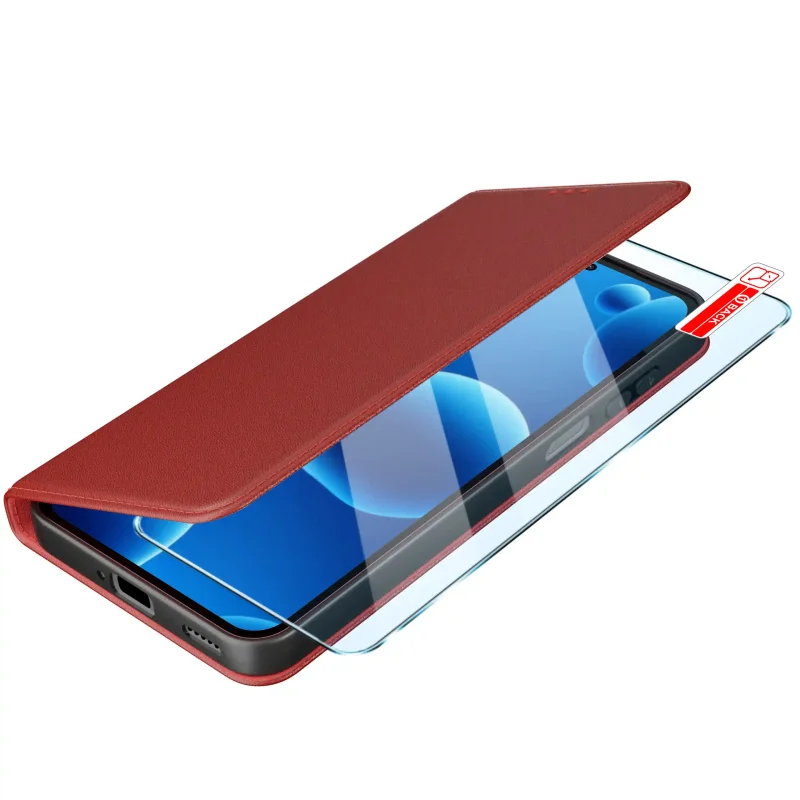 Samsung Galaxy A27 w bordowym etui portfelowym ze szkłem