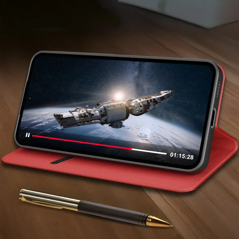 Bordowe skórzane etui z klapką do Samsung Galaxy A27 ustawione jako podstawka do filmów