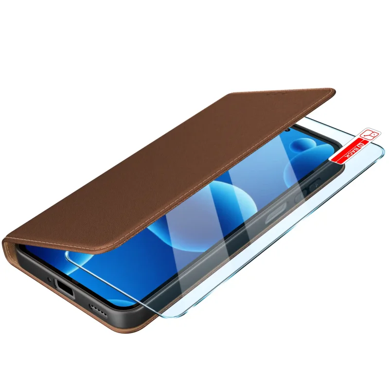 Samsung Galaxy A27 w brązowym etui portfelowym ze szkłem