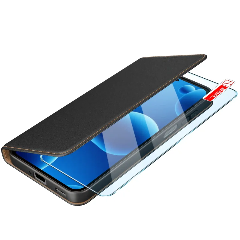 Samsung Galaxy A27 w czarnym etui portfelowym ze szkłem