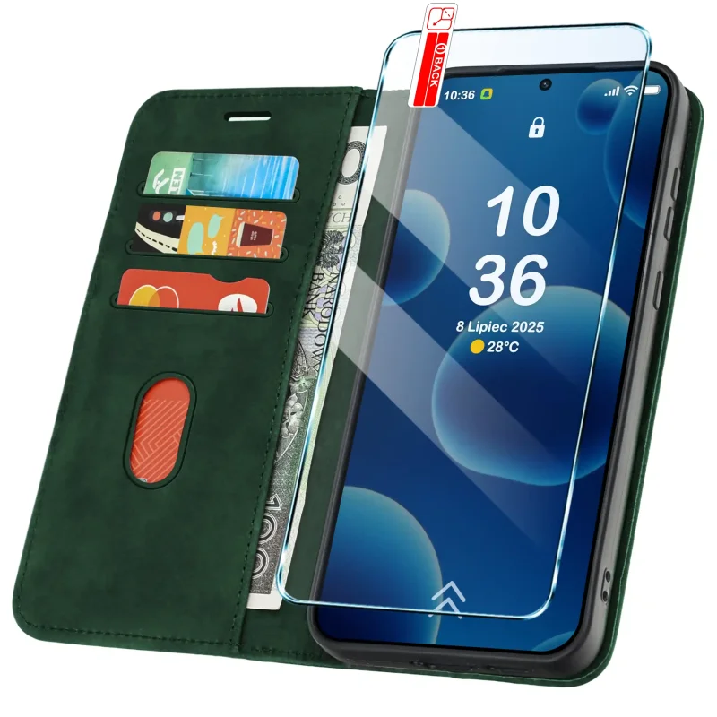 Etui z klapką do Samsung Galaxy A57 5G z kieszonkami na karty i miejscem na gotówkę – funkcjonalny zielony pokrowiec