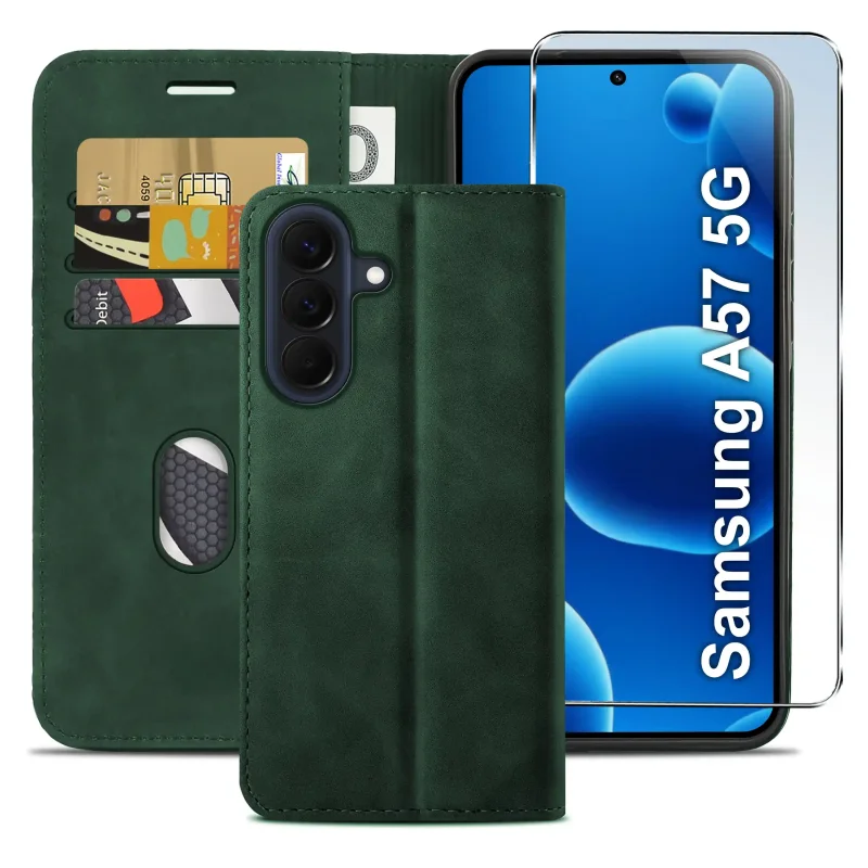 Skórzane zielone etui book case Samsung Galaxy A57 5G – ochrona telefonu, miejsce na karty i dopasowana konstrukcja