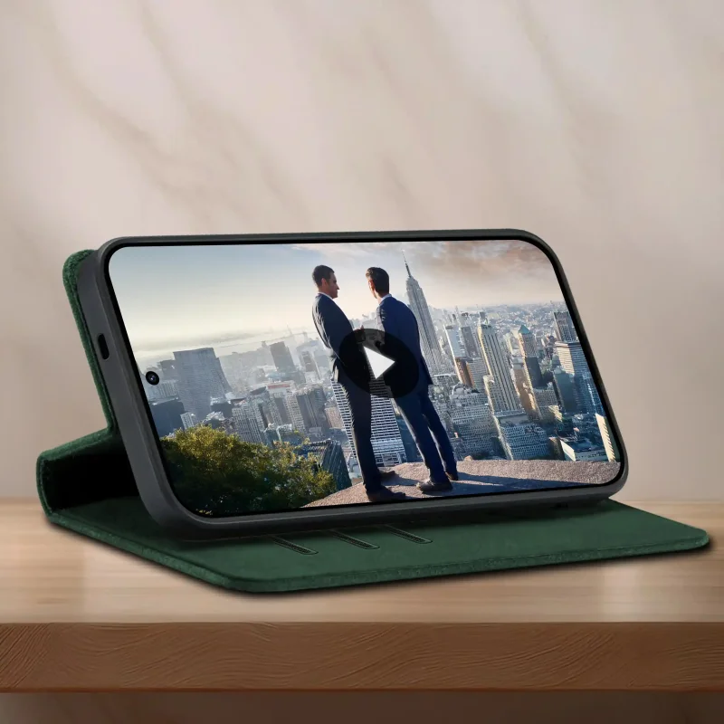 Zielone etui z funkcją podstawki do Samsung Galaxy A57 5G – wygodne oglądanie filmów w pozycji poziomej