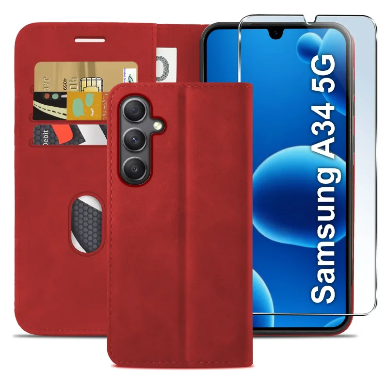 Skórzane czerwone etui book case Samsung Galaxy A34 – ochrona telefonu, miejsce na karty i dopasowana konstrukcja