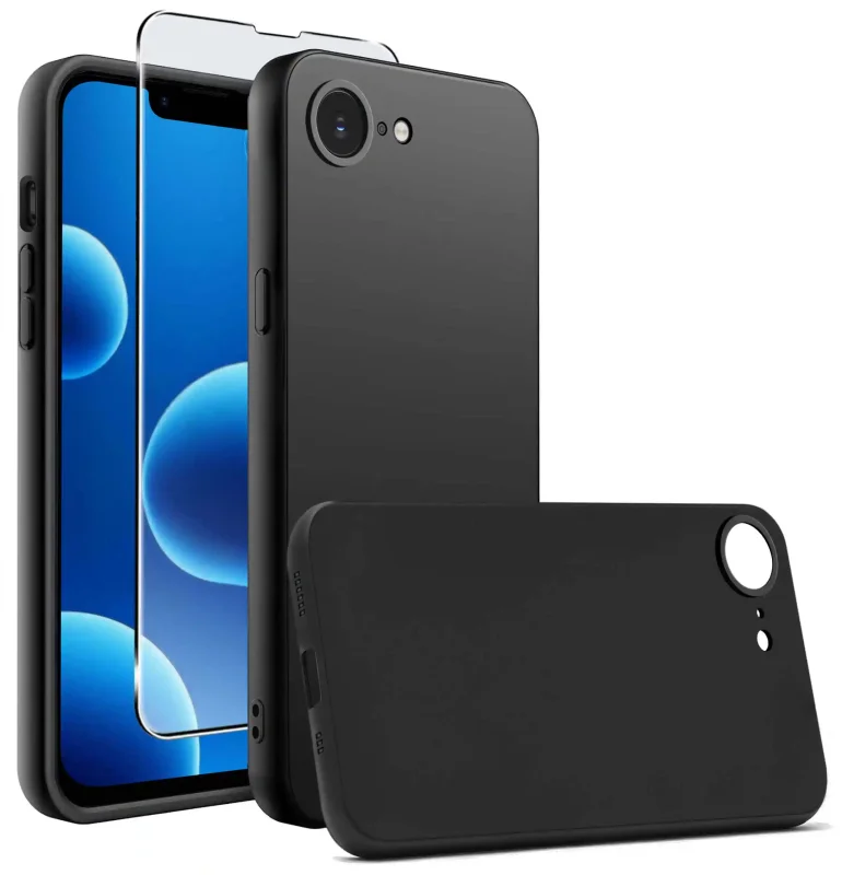 Czarne matowe etui silikonowe do iPhone 16e / 17e ze szkłem hartowanym 9H w zestawie