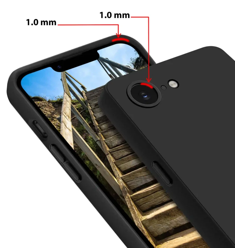 Czarne etui do iPhone 16e / 17e z podwyższonym rantem 1 mm przy ekranie i wyspie aparatów