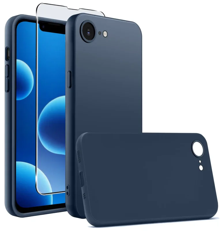 Granatowe matowe etui silikonowe do iPhone 16e / 17e ze szkłem hartowanym 9H w zestawie