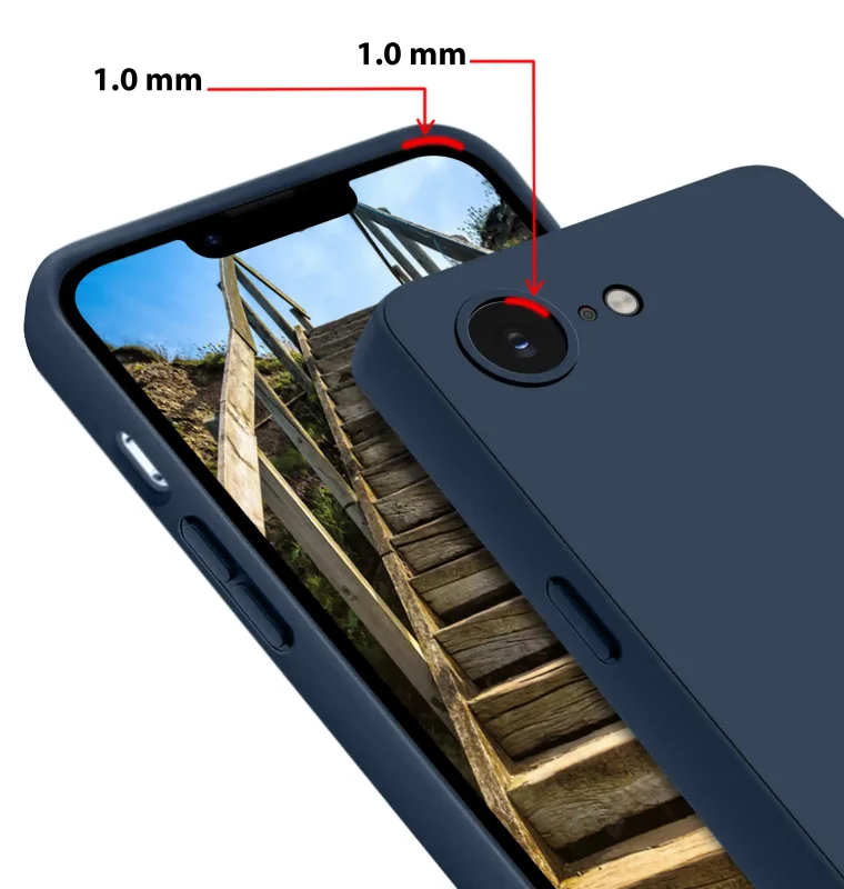 Granatowe etui do iPhone 16e / 17e z podwyższonym rantem 1 mm przy ekranie i wyspie aparatów