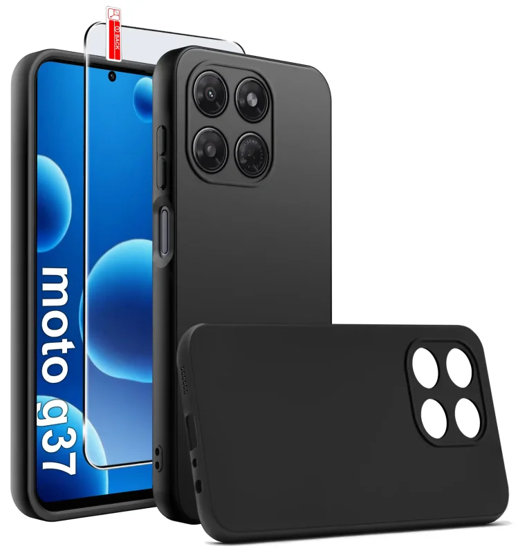 Czarne matowe etui silikonowe do Motorola Moto G37 ze szkłem hartowanym 9H w zestawie