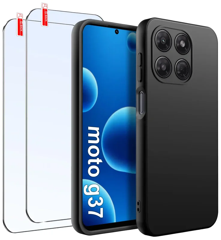 Czarne matowe etui silikonowe do Motorola Moto G37 z zestawem 2 szkieł hartowanym 9H