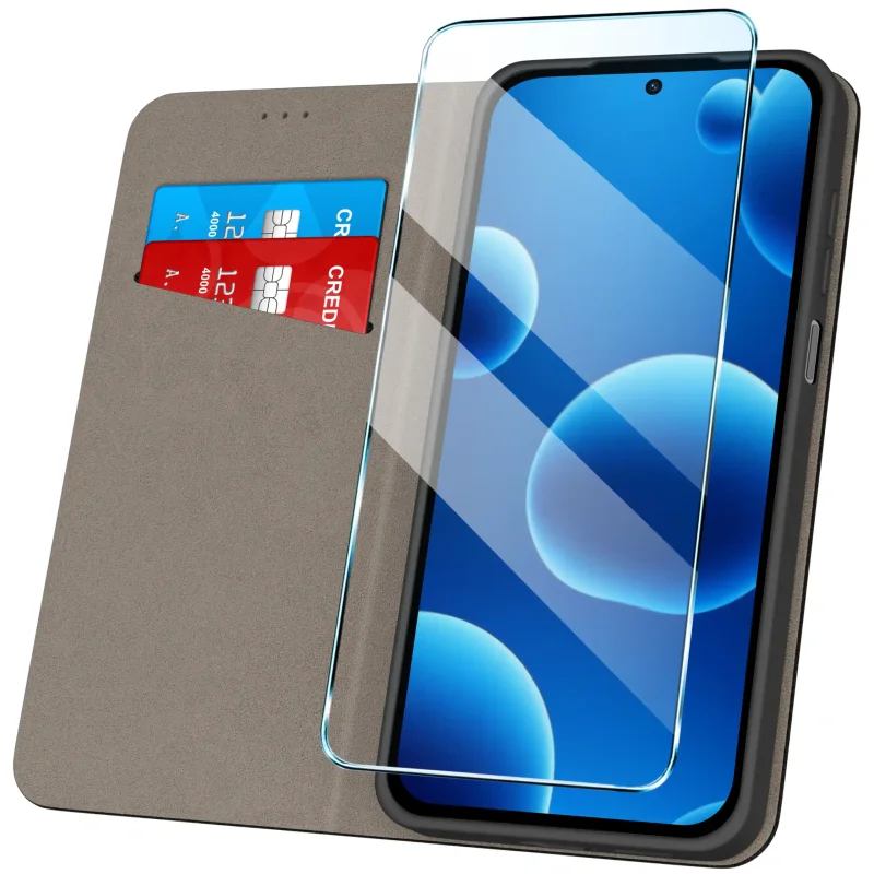 Czarne etui z klapką do Motorola Moto G37 z kieszonką na karty i miękkim wnętrzem