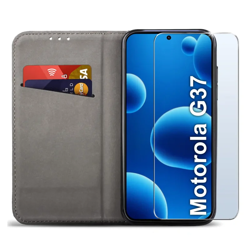 Czarne etui portfelowe do Motorola Moto G37 z miejscem na karty, ukrytym magnesem i funkcją stojaka do codziennego użytkowania