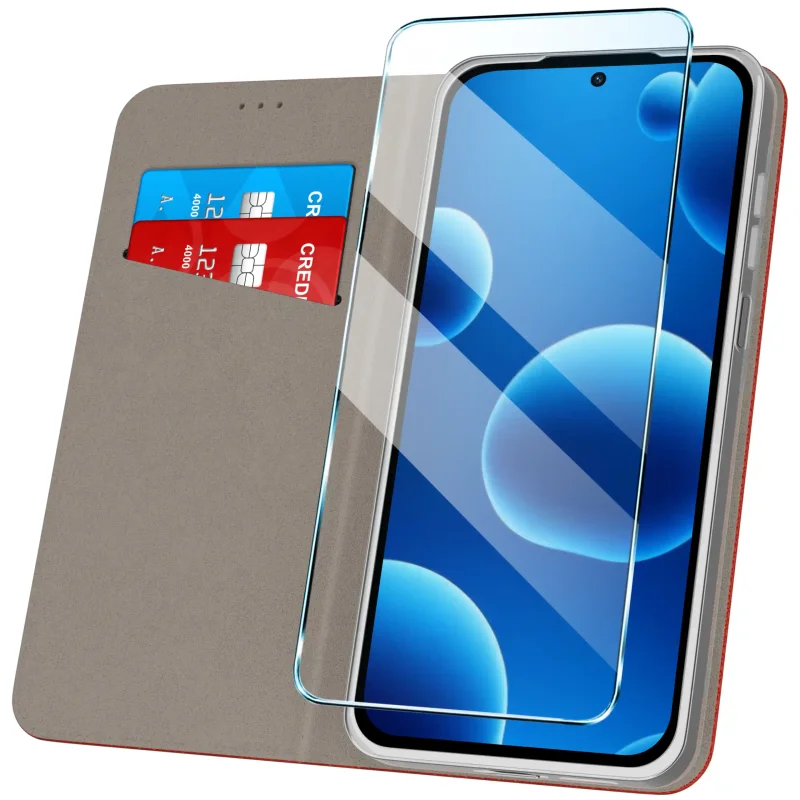 Czerwone etui z klapką do Motorola Moto G37 z kieszonką na karty i miękkim wnętrzem