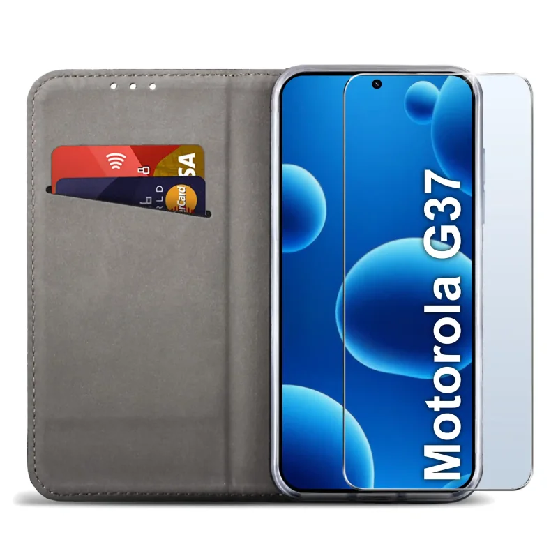 Złote etui portfelowe do Motorola Moto G37 z miejscem na karty, ukrytym magnesem i funkcją stojaka do codziennego użytkowania