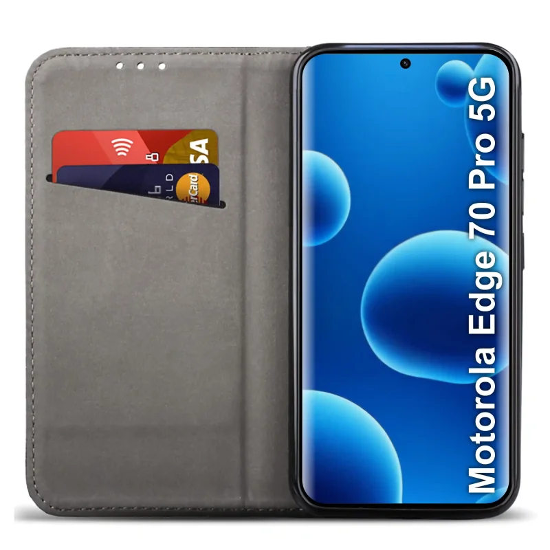 Czarne etui portfelowe do Motorola Edge 70 Pro 5G z miejscem na karty, ukrytym magnesem i funkcją stojaka do codziennego użytkowania
