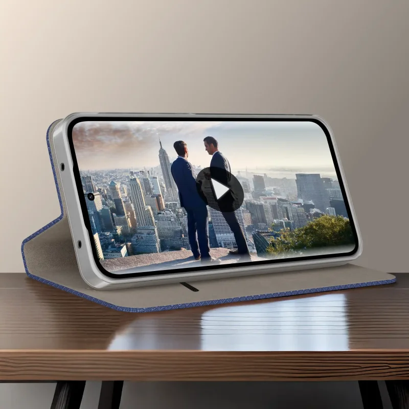 Granatowe etui z klapką do Motorola Edge 70 Pro 5G z kieszonką na karty i miękkim wnętrzem