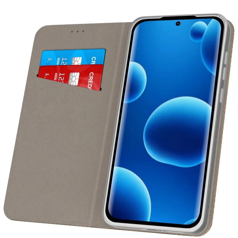 Złote etui z klapką do Motorola Edge 70 Pro 5G z kieszonką na karty i miękkim wnętrzem