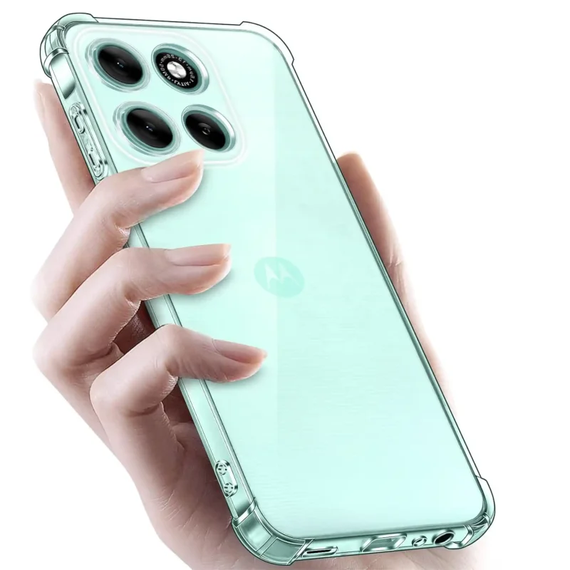 Motorola Moto G37 w przezroczystym etui – elegancki wygląd smartfona w dłoni
