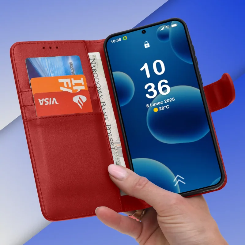 Realme 16 Pro 5G w czerwonym etui z klapką i gumową wkładką stabilizującą telefon podczas użytkowania