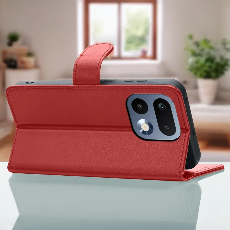 Funkcja stojaka w czerwonym etui do Realme 16 Pro 5G umożliwiająca wygodne oglądanie filmów i rozmowy wideo