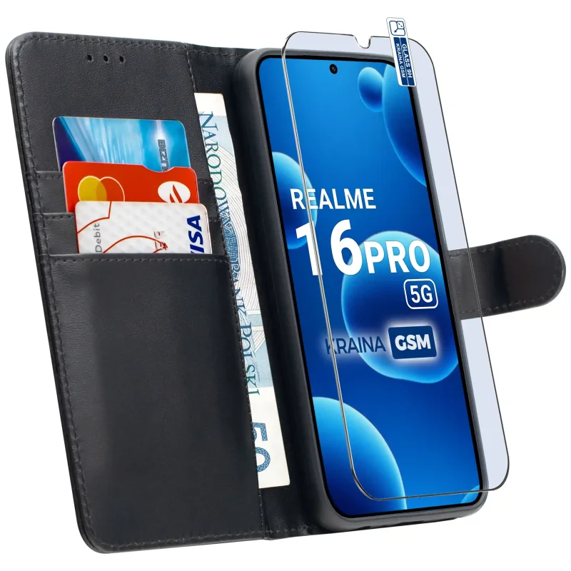 Etui skórzane czarne do Realme 16 Pro 5G z kieszonkami na karty, funkcją stojaka i szkłem hartowanym 9H