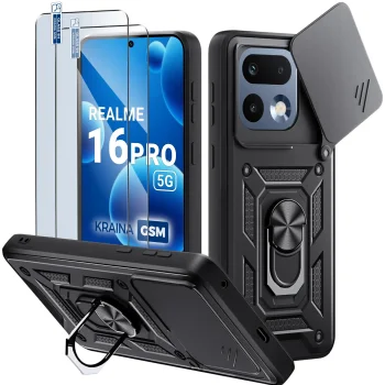 Etui do Realme 16 Pro 5G pancerne ring z osłoną na aparat czarne z zestawem dwóch szkieł