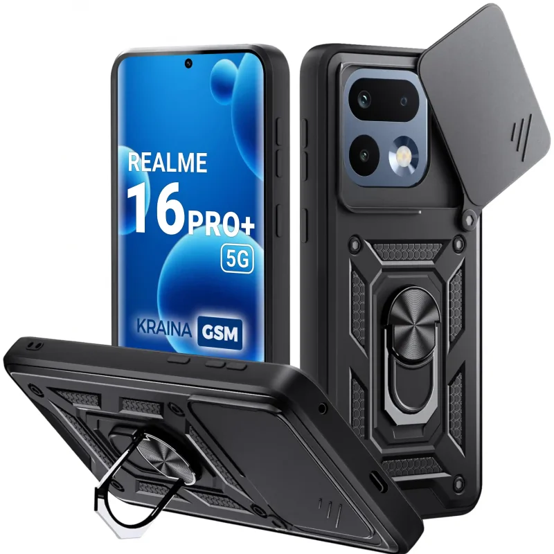 Etui pancerne ring do Realme 16 Pro+ Plus 5G z przesuwną osłoną aparatu i dwoma szkłami hartowanymi 9H w zestawie