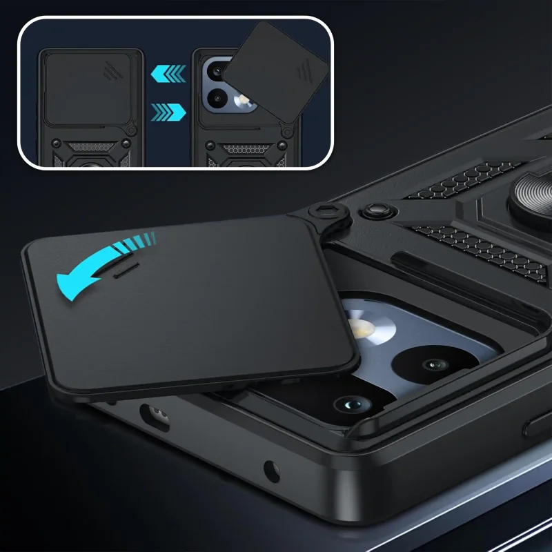 Czarna pancerna obudowa Realme 16 Pro+ Plus 5G z obrotowym ringiem 360° i zasuwaną ochroną obiektywów