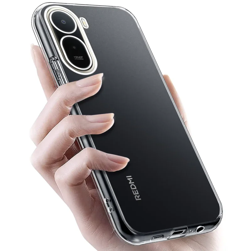 Xiaomi Redmi A7 Pro w przezroczystym etui TPU – widok z tyłu, telefon trzymany w dłoni