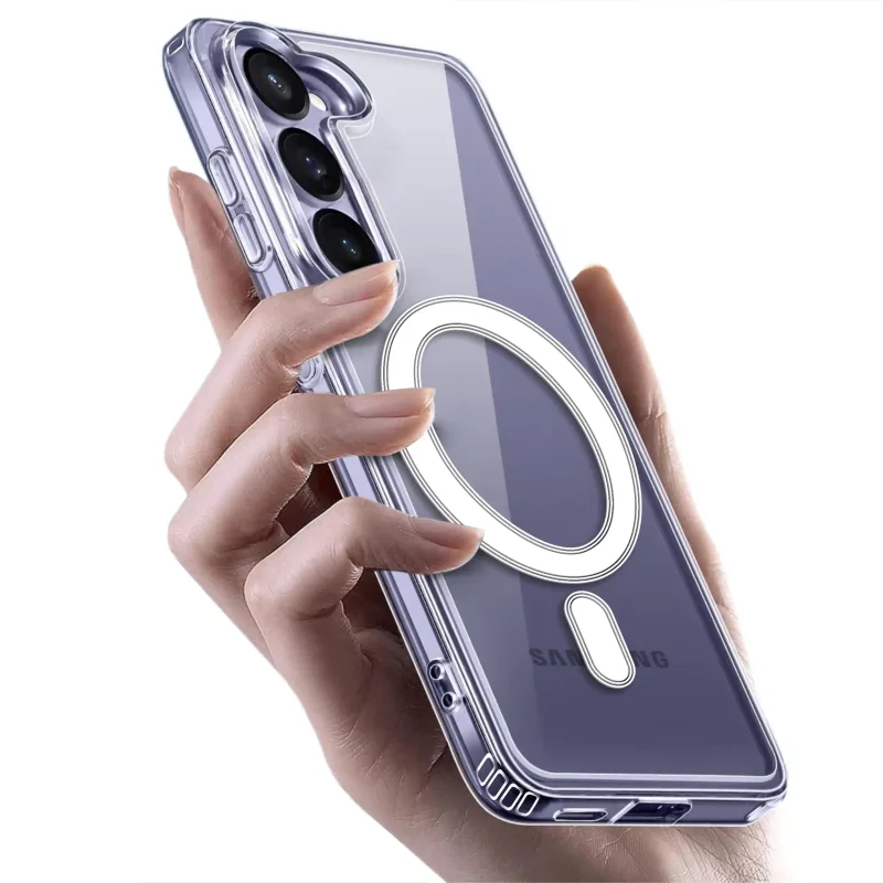 Samsung Galaxy S23 w przezroczystym etui MagSafe trzymany w dłoni
