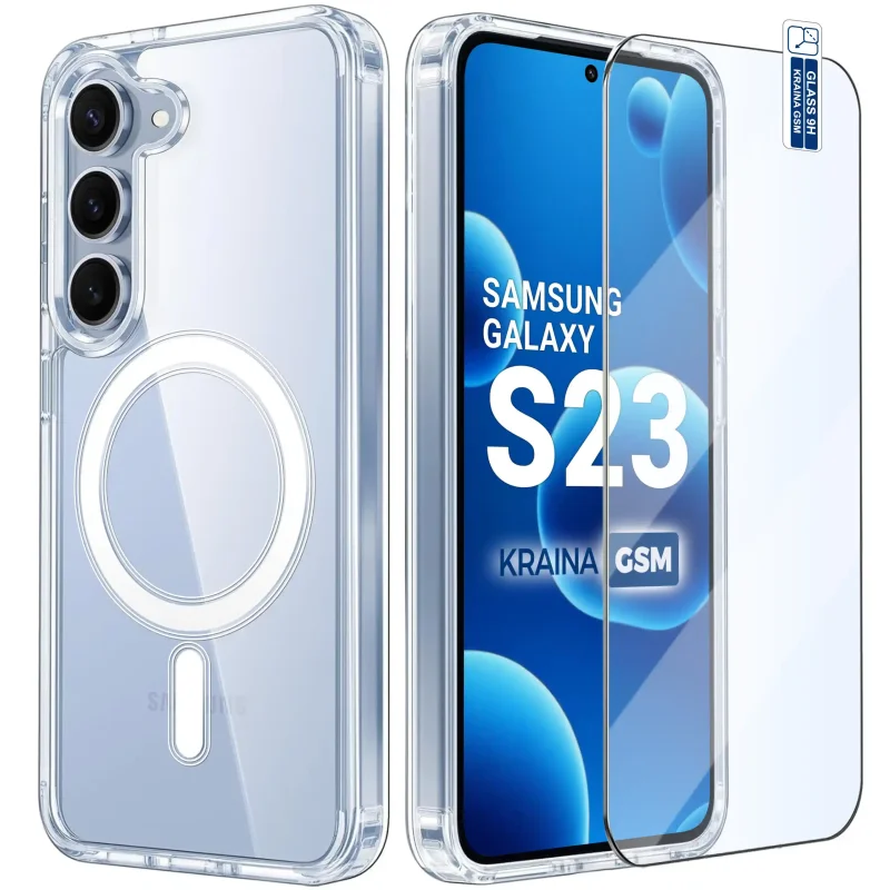 Bezbarwne etui MagSafe do Samsung Galaxy S23 ze szkłem hartowanym 9H w zestawie