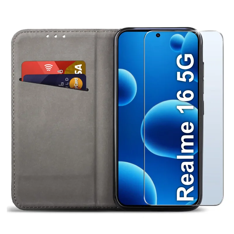 Czarne etui portfelowe do Realme 16 5G z miejscem na karty, ukrytym magnesem i funkcją stojaka do codziennego użytkowania