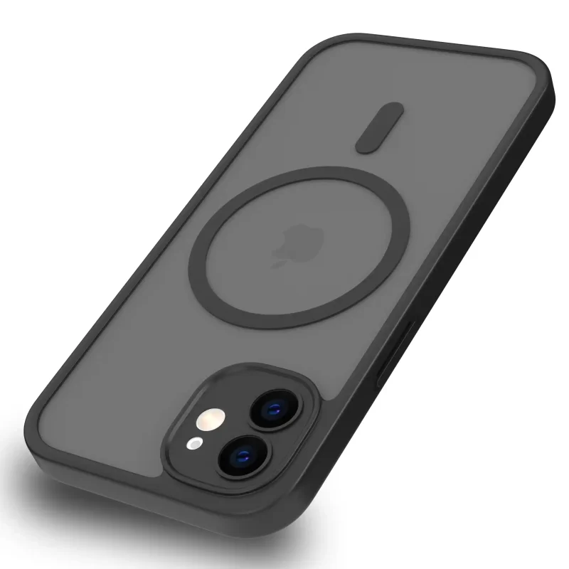 Etui iPhone 12 MagSafe czarne matowe z podwyższonym rantem aparatu i półtransparentnym tyłem