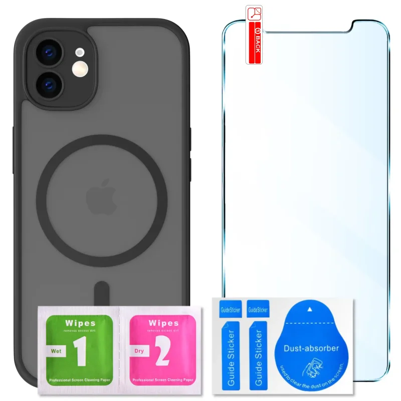 Zestaw etui MagSafe do iPhone 12 czarne + szkło hartowane 9H i akcesoria montażowe