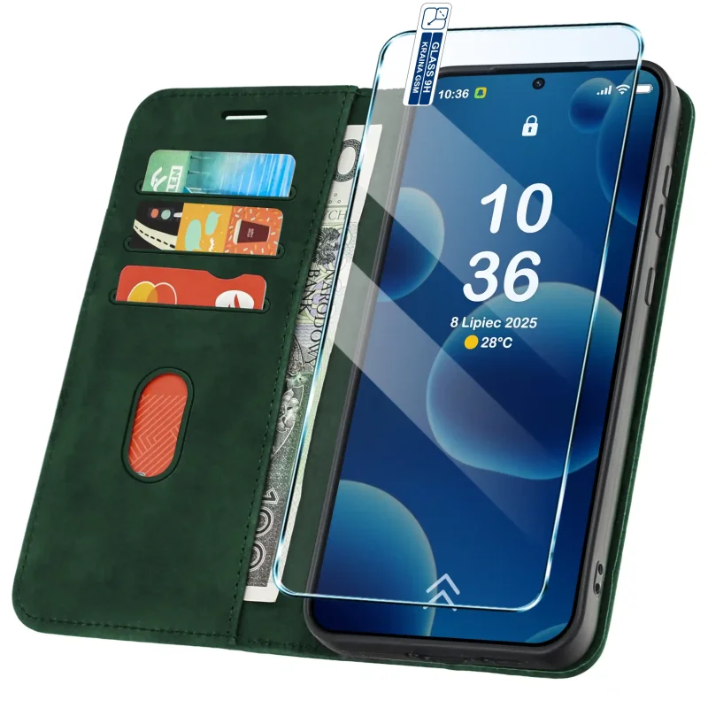 Etui z klapką do Samsung Galaxy A36 / A37 5G z kieszonkami na karty i miejscem na gotówkę – funkcjonalny zielony pokrowiec
