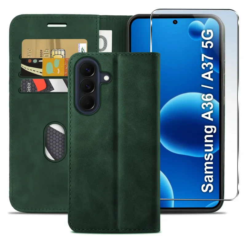 Skórzane zielone etui book case Samsung Galaxy A36 / A37 5G – ochrona telefonu, miejsce na karty i dopasowana konstrukcja