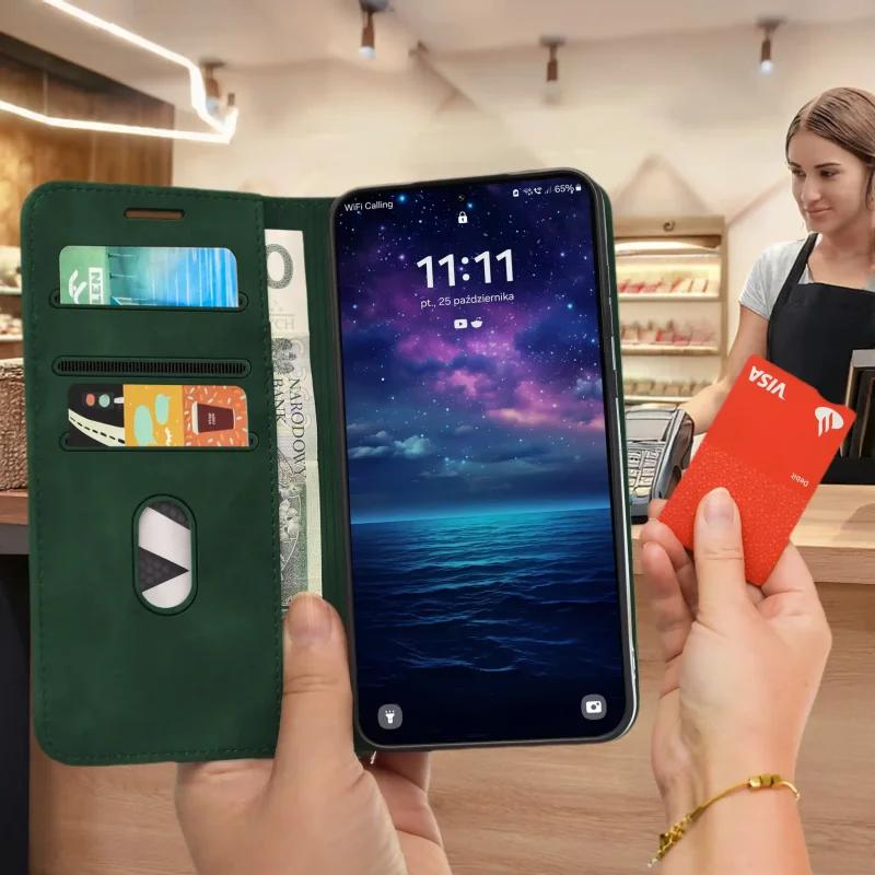 Etui portfelowe zielone do Samsung Galaxy A36 / A37 5G – kieszonki na kartę