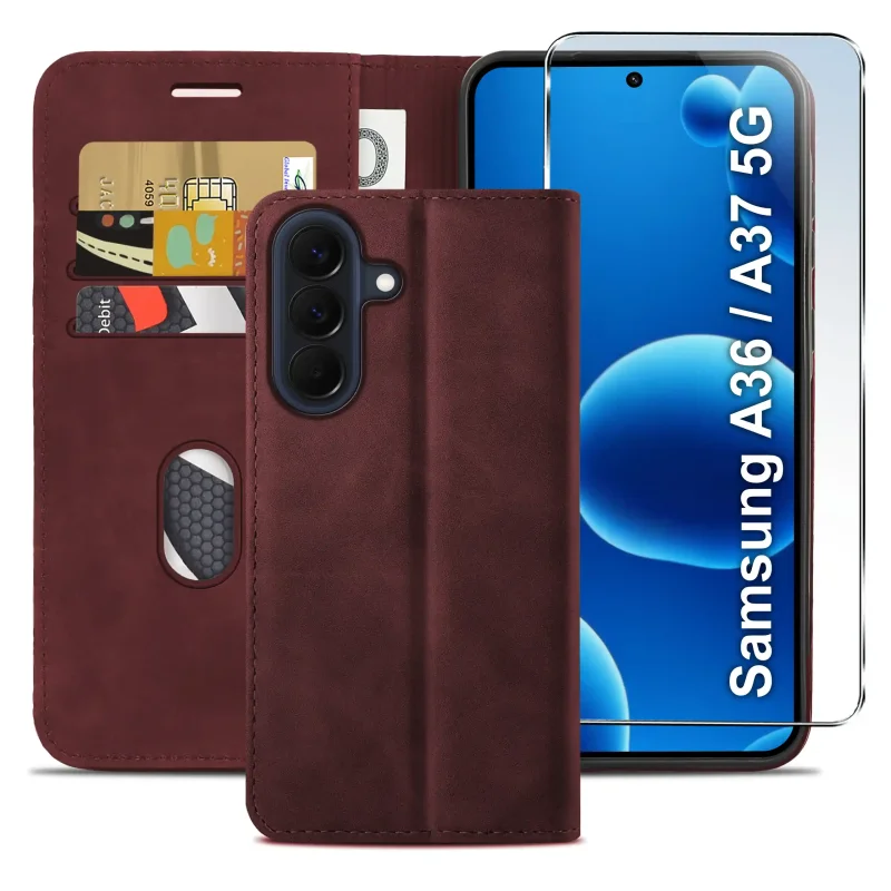 Skórzane bordowe etui book case Samsung Galaxy A36 / A37 5G – ochrona telefonu, miejsce na karty i dopasowana konstrukcja