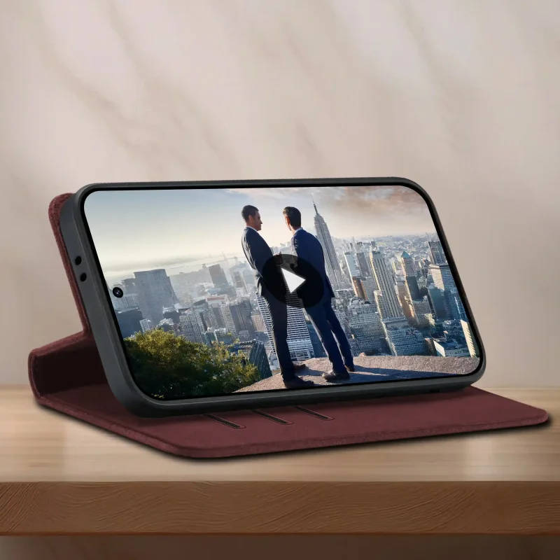 Bordowe etui z funkcją podstawki do Samsung Galaxy A36 / A37 5G – wygodne oglądanie filmów w pozycji poziomej