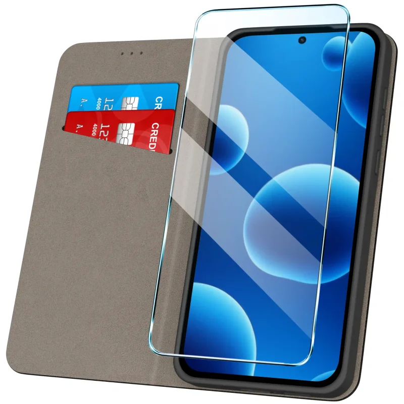 Czarne etui z klapką do Xiaomi 17T Pro z kieszonką na karty i miękkim wnętrzem