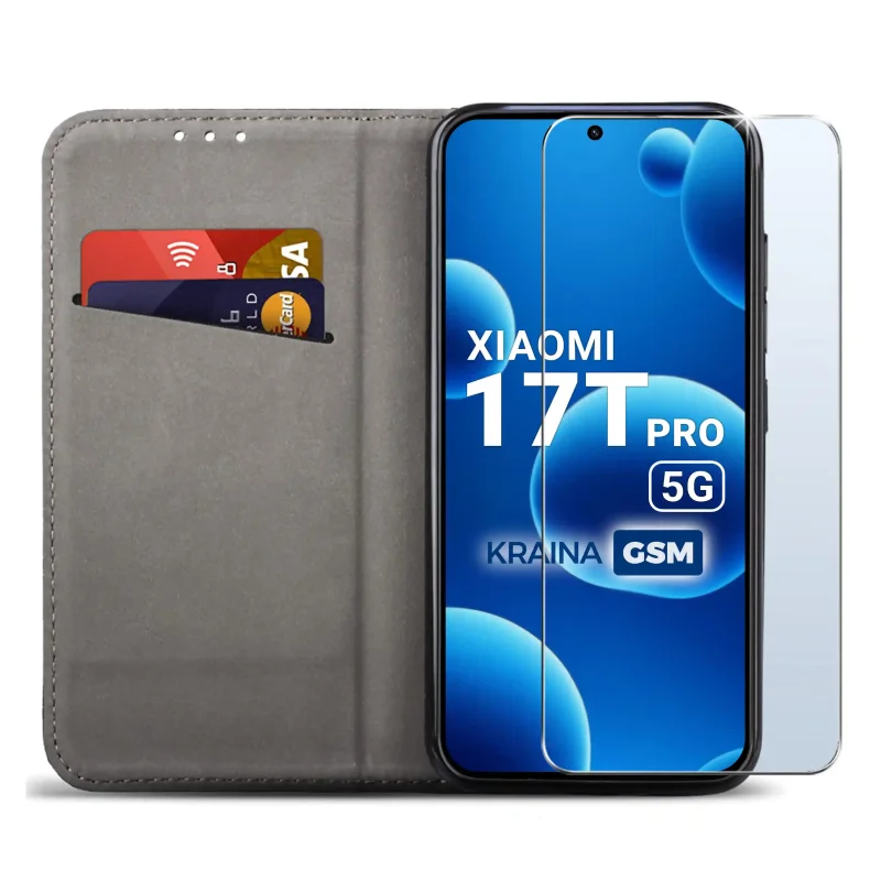 Czarne etui portfelowe do Xiaomi 17T Pro z miejscem na karty, ukrytym magnesem i funkcją stojaka do codziennego użytkowania