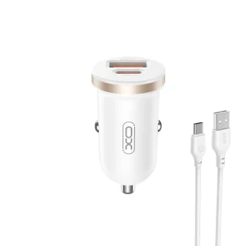 Ładowarka samochodowa szybka 30W USB, USB-C z kablem USB-C biała