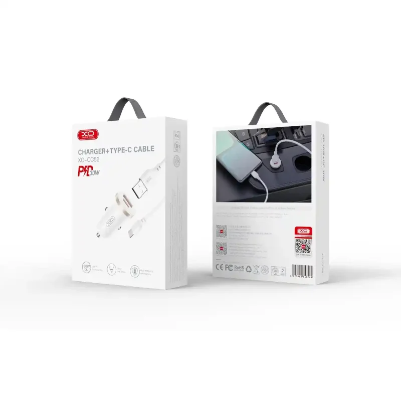 Ładowarka samochodowa szybka 30W USB, USB-C z kablem USB-C biała w opakowniu