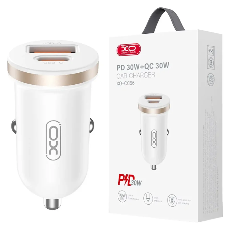 Ładowarka samochodowa szybka 30W USB USB-C biała XO CC56 do telefonu samochodu auta