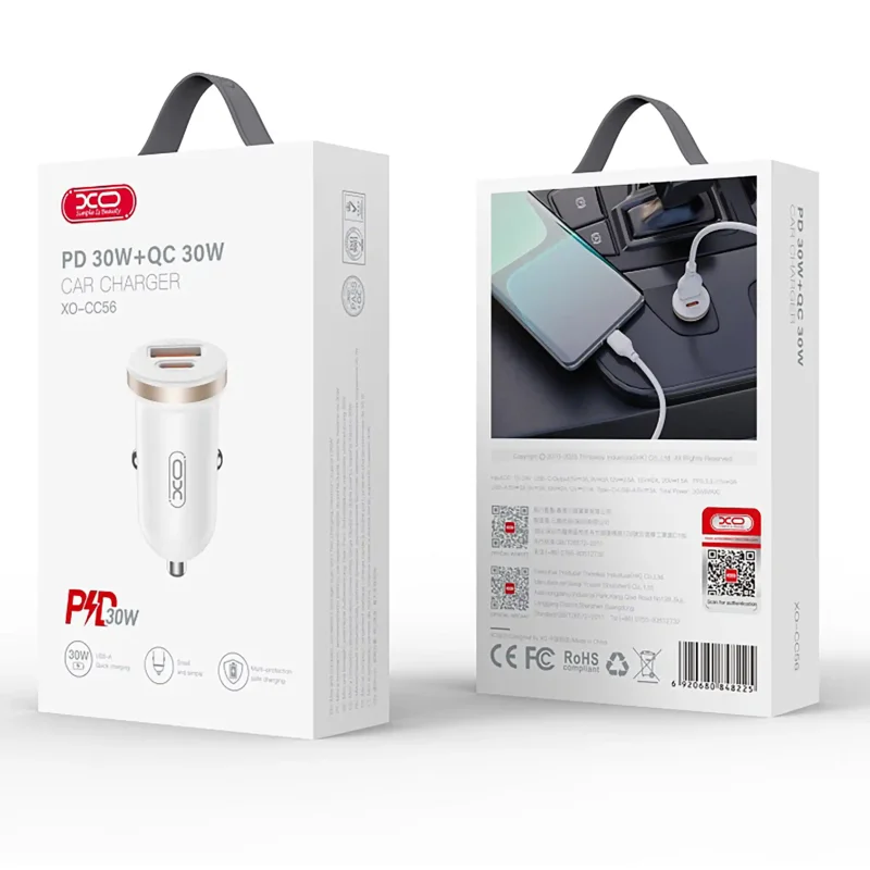 Ładowarka samochodowa 30W USB USB-C biała XO CC56 szybkie ładowanie do telefonu w aucie- opakowanie