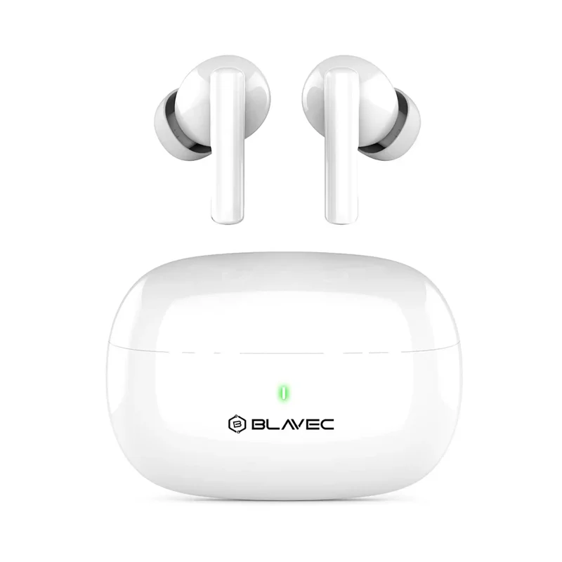 Białe słuchawki dokanałowe BLAVEC TWS Bluetooth 5.3 z mikrofonem i bezprzewodowym etui ładującym