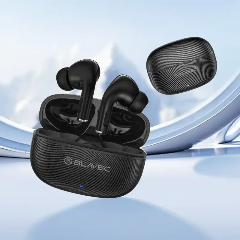Czarne słuchawki dokanałowe BLAVEC TWS Bluetooth 5.3 z mikrofonem i bezprzewodowym etui ładującym