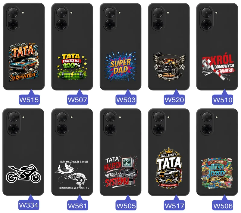 Kolekcja etui dla Taty do Xiaomi Redmi A5 z motywami samochodów, motocykli, narzędzi i wędkarstwa oraz napisami Super Tata, Best Dad i Król Domowych Awarii