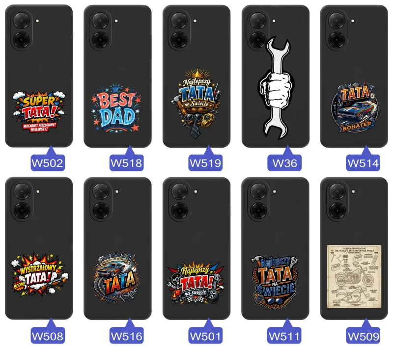 Różne wzory etui dla Taty do Xiaomi Redmi A5, w tym napisy SuperDad, Tata Bohater i Najlepszy Tata na świecie oraz komiksowe, techniczne i motoryzacyjne motywy prezentowe