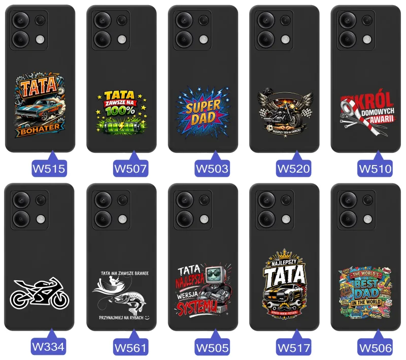Kolekcja etui dla Taty do Xiaomi Redmi Note 14S z motywami samochodów, motocykli, narzędzi i wędkarstwa oraz napisami Super Tata, Best Dad i Król Domowych Awarii